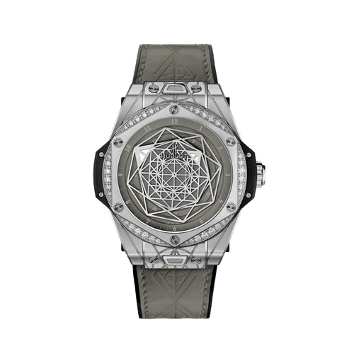 BIG BANG系列“一键式”SANG BLEU刺青精钢灰色镶钻腕表